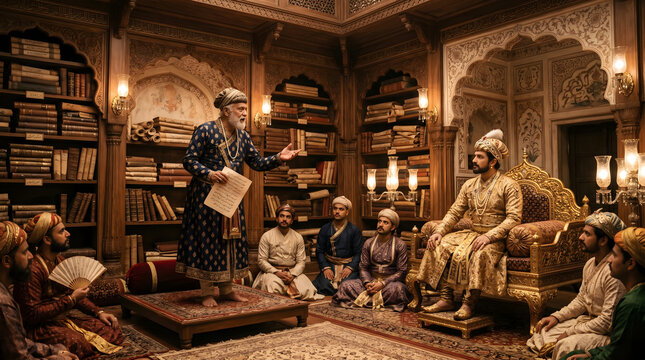 Mughal emperor teaching scholars in library