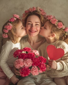 花冠をかぶった母親が両側から子供にキスされている姿。母の日や家族愛をテーマにした温かいシーンの写真