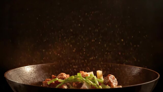 Sizzling wok stir fry vegetable meat green onion leek toss with dramatic steam and motion