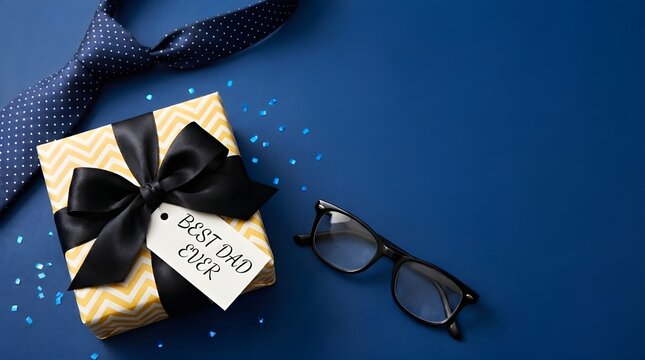 Fathers day gift concept with a yellow chevron patterned gift box, a navy blue polka dot necktie, and reading glasses on a dark blue background, top view with copy space