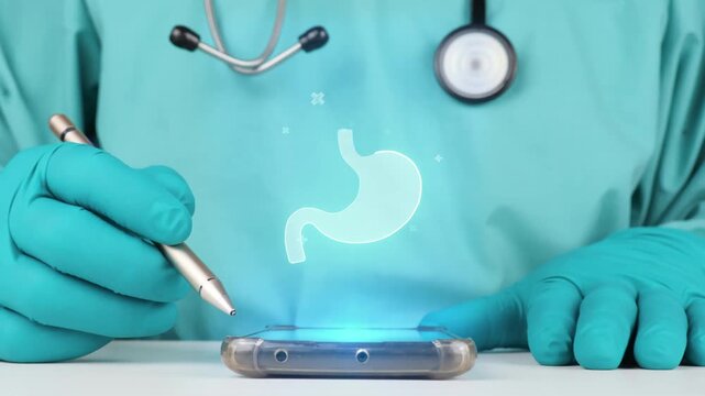 Gastroenterologist uses smartphone with digital stomach interface for the detection and monitoring of gastric pathologies through biomedical scanning, predictive digital health ecosystem