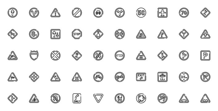 Traffic signs icon pack. Minimal vector set. Includes straight, warning, forbidden, turn, speed limit, stop, intersection, highway, yield, roundabout and more. Editable stroke.