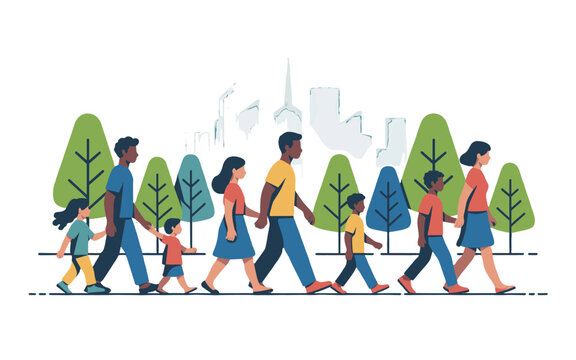 A vibrant illustration depicting a diverse group of people walking together in a park setting.