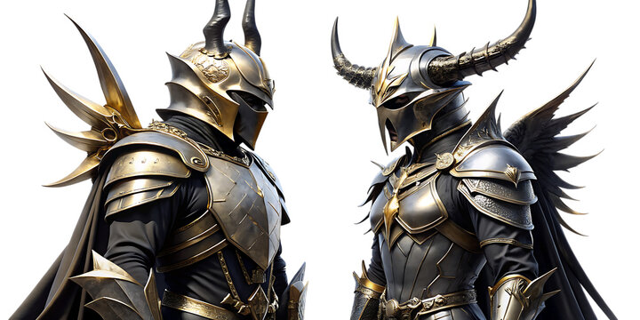Two knights in ornate gold and silver plate armor with wings, epic fantasy character cinematic lighting, detailed metallic textures isolated on a transparent background