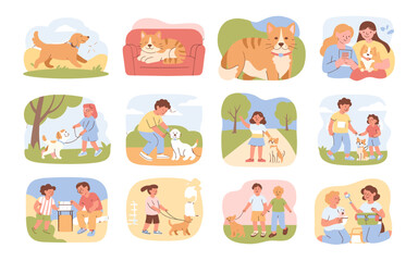 Fototapeta premium Scenes of various dogs enjoying life with people.
