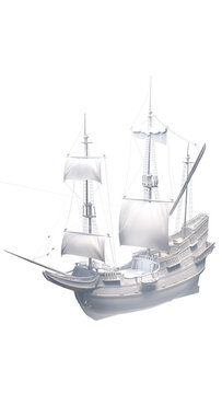 An abstract model of a three-masted ship from the era of sail. A large sailing warship or merchant vessel with three vertical masts. A frigate, barque, or xebec.
