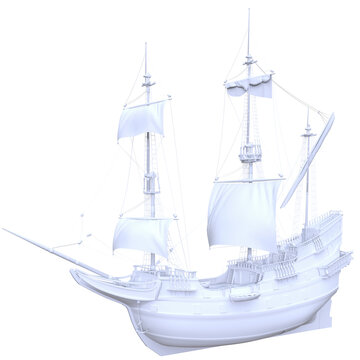 An abstract model of a three-masted ship from the era of sail. A large sailing warship or merchant vessel with three vertical masts. A frigate, barque, or xebec.