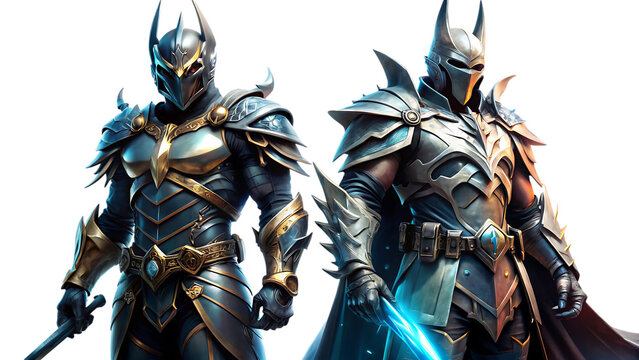 Two futuristic knights in glowing blue and silver plate armor, cinematic fantasy battle gear, detailed metallic textures, epic warrior character isolated on a transparent background