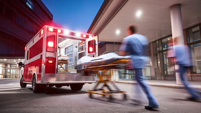 Emergency medical team transporting patient to hospital at night