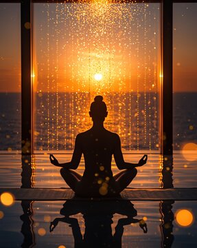 A serene silhouette meditates before a glowing sunset, surrounded by golden light and reflections.