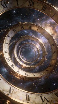 A spiral of timeless clocks swirling through a cosmic galaxy.