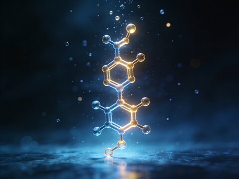 Glowing molecular structure floating in a futuristic blue scientific environment.