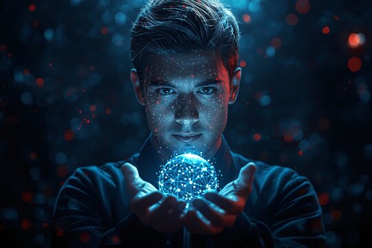 A man holds glowing digital energy, symbolizing connection and intelligence.