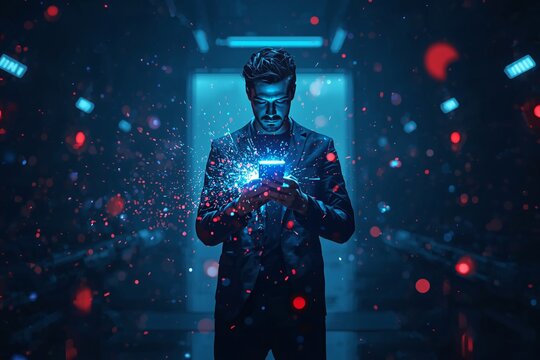 A man illuminated by a glowing phone, surrounded by flowing digital particles.