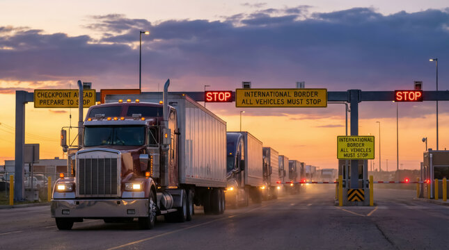 Trucks crossing international border at dusk under stop signs