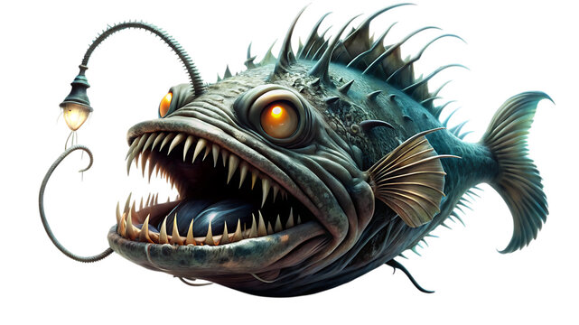 Terrifying deep sea anglerfish with glowing lure, sharp teeth, and bioluminescent eyes, dark ocean predator, detailed marine creature isolated on a transparent background