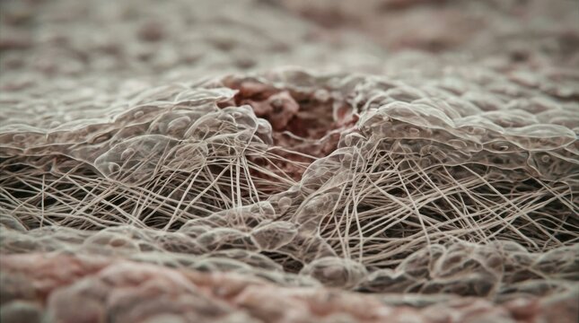 Focused macro view of semitransparent cellular layers forming around a tiny wound site highlighting intricate collagen network and dynamic tissue repair in a realistic 3D