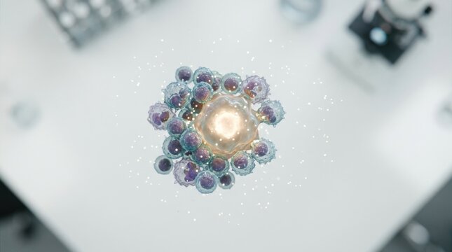 Microscopic cluster of activated immune cells encircling a solitary tumor cell glowing cytokine particles floating sterile white lab background with soft diffusion topdown