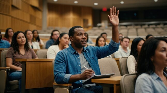 Diverse parent attentively raising a hand during a youth sports scholarship forum focused on tablet notetaking in a warmly lit modern university auditorium with blurred audience.