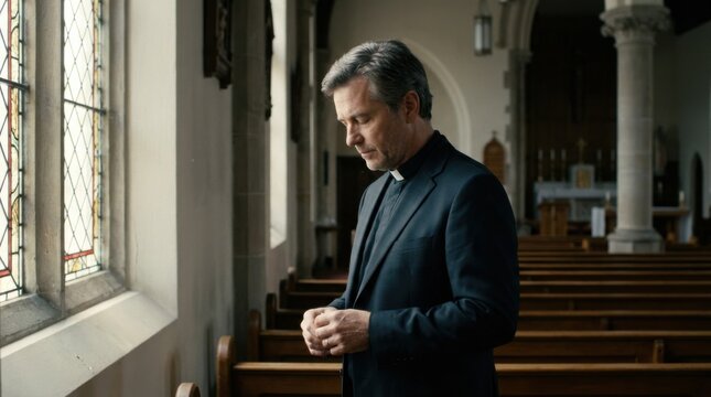 Medium shot of a pastor with closed eyes and bowed head bathed in gentle window light capturing a moment of solemn reflection in a nearly empty church nave.