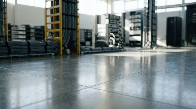 Close medium shot highlighting bright natural overhead lighting reflecting off the polished floor with structured cabling and equipment in the background softly out of focus.