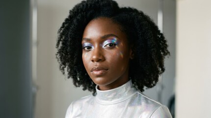 Fototapeta premium Clean studio portrait featuring a young Black woman with holographic eye gloss floating prism reflections and highkey lighting emphasize her radiant complexion and futuristic