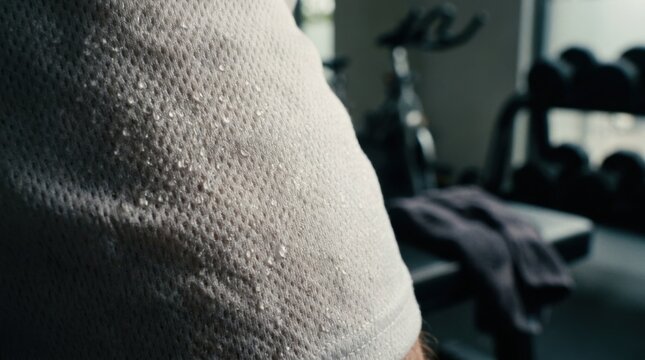 Macro closeup of glistening sweat beads on breathable white mesh fabric sharp focus on texture with blurred gym towel and dumbbell in soft background under dramatic studio