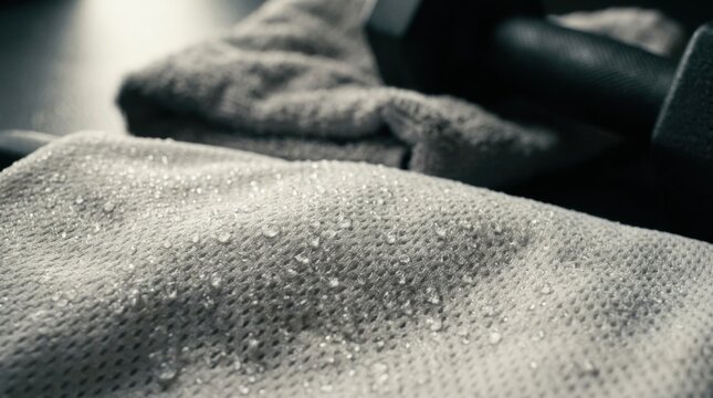 Macro closeup of glistening sweat beads on breathable white mesh fabric sharp focus on texture with blurred gym towel and dumbbell in soft background under dramatic studio