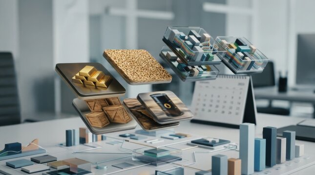 Closeup of floating commodities and hedge fund tiles on an isometric 3D portfolio dashboard softly blurred grid background and desk calendar create depth in a sleek modern fintech