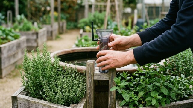 Focused hands installing a smart rain gauge on an ecofriendly garden water reserve featuring flourishing herb plants and weathered wooden planters gently defocused under diffused