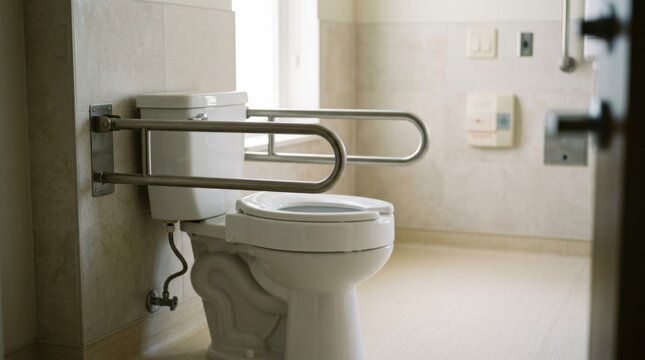 Medium shot of raised toilet with stainless steel grab bars in a bright senior living bathroom tactile wall controls softly blurred in background pale vinyl flooring under natural