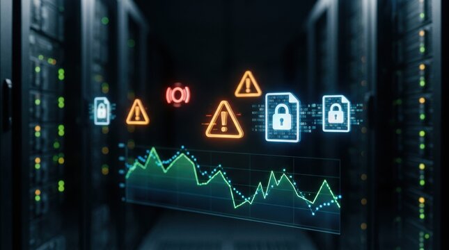 Detailed macro view of warning icons and encrypted file symbols floating above a digital downtime analytics graph with outoffocus hightech server rows faintly visible in the dark