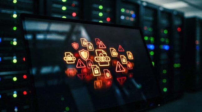 Macro closeup of encrypted file icons and warning symbols glowing over a shadowy downtime analytics dashboard with blurred server racks softly illuminated behind in low light