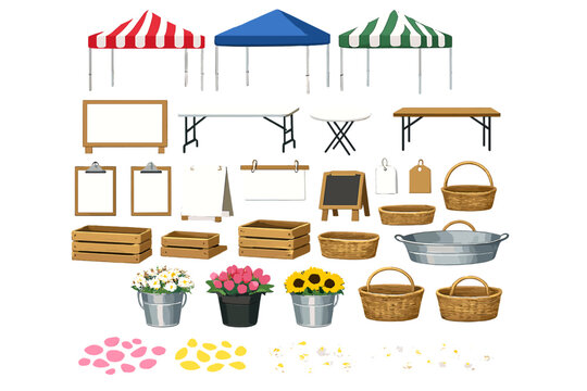 Market setup with tents, tables, and baskets for the local community event in a sunny outdoor location