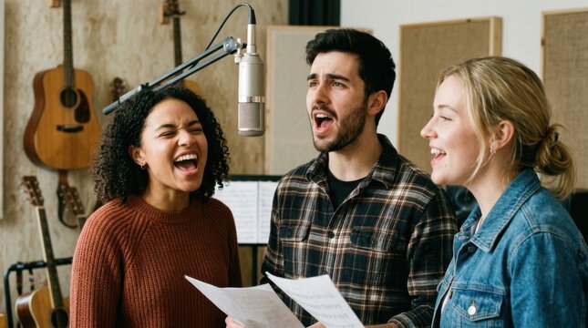Closeup medium shot capturing students expressive faces during vocal warmup exercises blurred acoustic guitars and vintage microphone in the background creating a cozy songwriting
