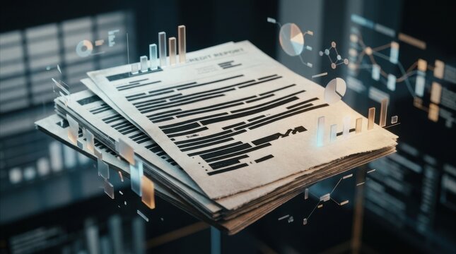 Focused medium shot showcasing detailed edges of credit reports redacted data and floating dashboard elements in a high contrast 3D render with centered composition.