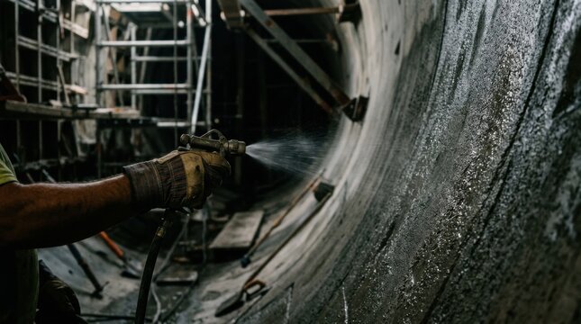 Closeup shot of hand applying curing spray on damp tunnel concrete segment moody side lighting enhancing textures and softfocus scaffolding behind.