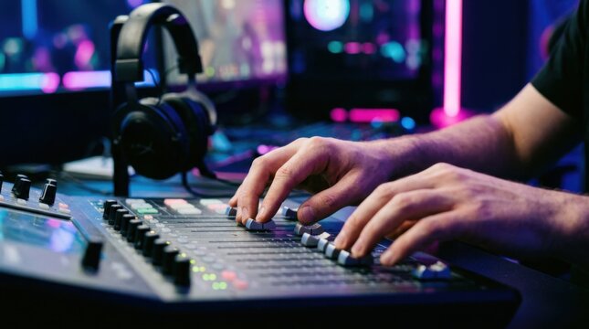 Focused view of an esports live broadcast control desk featuring hands on audio faders with blurred headphones and vibrant neon lighting enhancing the scene.