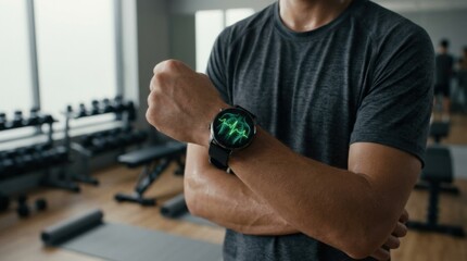 Fototapeta premium Cinematic medium shot focusing on a clear chest displaying an illuminated heartbeat line integrated into a sleek smartwatch interface surrounded by a shallow depth of field and