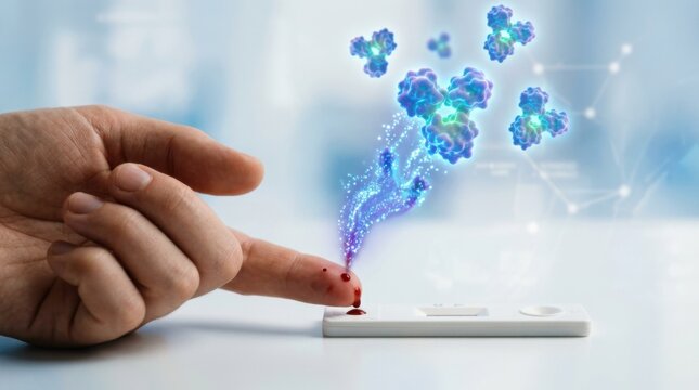 Medium shot of a fingerstick blood sample morphing into vivid glowing factor IX molecules above a test strip set against a soft blue and white minimalist medical infographic