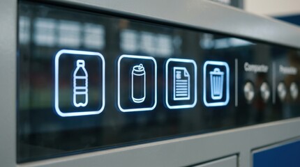 Fototapeta premium Focused medium shot of smart transparent waste stream icons with cool blue LED accents on a sleek stadium recycling dashboard adjacent labels and compactor controls gently blurred