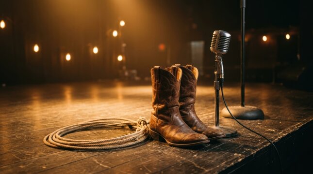 Cowboy boots and a coiled lasso rest prominently beside a vintage microphone on aged wooden stage planks bathed in warm amber spotlight with blurred background string lights.