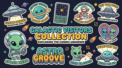 Galactic Visitors Kawaii Space Sticker Collection Alien UFO Planet Sloth Astronaut Saucer Heart Cosmic Dark Navy Bundle © NHL Studio
