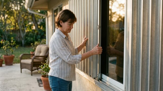 Medium shot of a homeowner securing impactresistant accordion shutters over a bright patio window sun casting warm lateafternoon light highlighting textured shutter surfaces.
