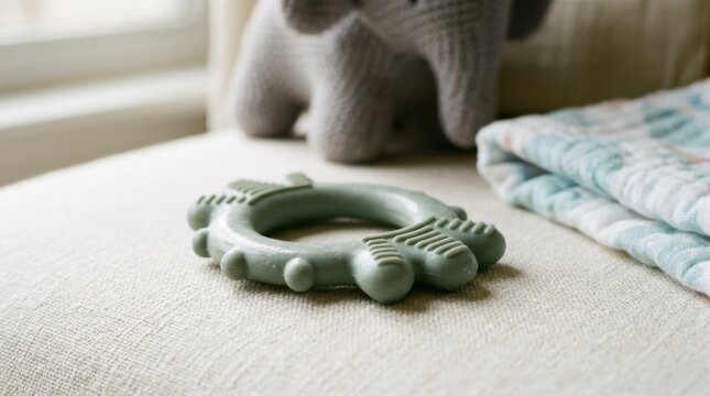 Detailed macro of textured silicone baby teether with gentle light reflections surrounded by blurred soft toy and linen background for a peaceful intimate nursery scene.