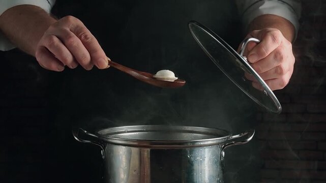 Chef hands positioned over a steaming pot lift the lid while holding a wooden spoon with food, demonstrating the process of making dumplings in a rustic kitchen environment