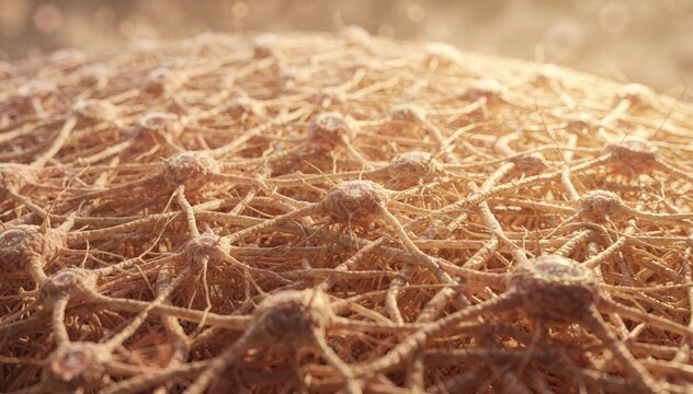 Detailed medium shot capturing highresolution texture of healing connective tissue showcasing fibroblasts embedded in warmlit substrate with blurred background emphasizing the