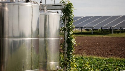 Fototapeta premium Close focus on polished silos at a modern ecotech biogas facility entwined with greenery softly blurring the surrounding solar panels and fertile farmland in the background.