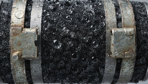 Macro view of activated carbon filter cartridges showing detailed water droplets on the surface and aged metal clamps in soft cool neutral lighting from a topdown perspective.