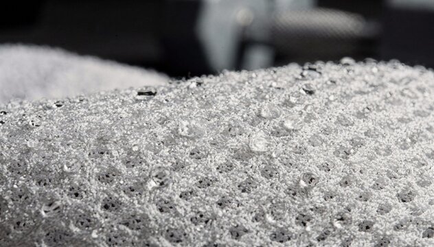 Extreme closeup on perspiration clusters on athletic mesh fabric highcontrast lighting emphasizing moisture and fiber details gym towel and weights softly blurred behind.